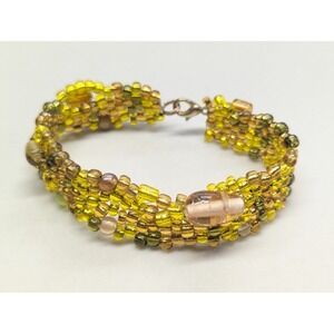 Vtg Handmade Beaded Cuff Bracelet Yellow Amber Green Woven Boho Statement 7.5‎